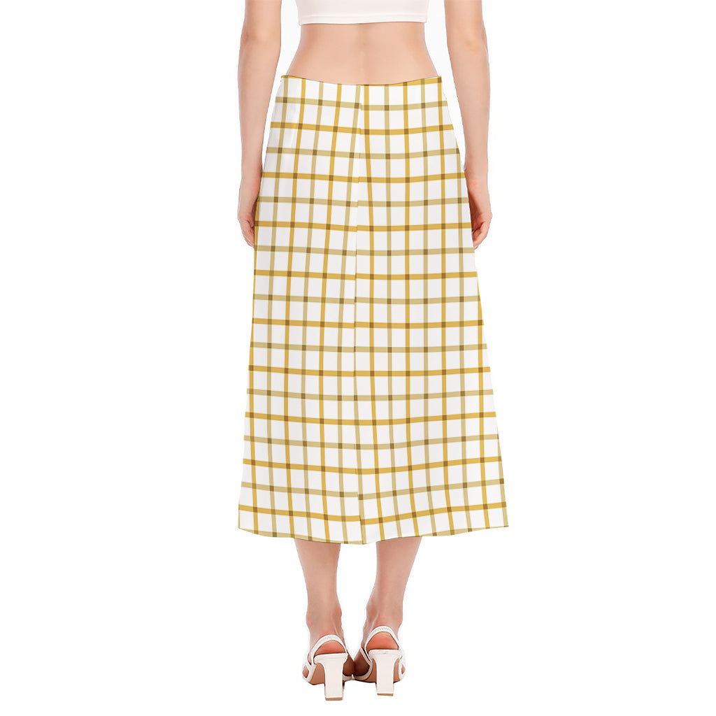 Yellow And Beige Tattersall Print Side Slit Midi Skirt