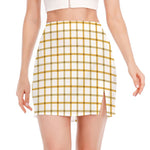 Yellow And Beige Tattersall Print Side Slit Mini Skirt