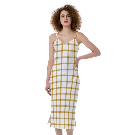 Yellow And Beige Tattersall Print Slim Fit Midi Cami Dress