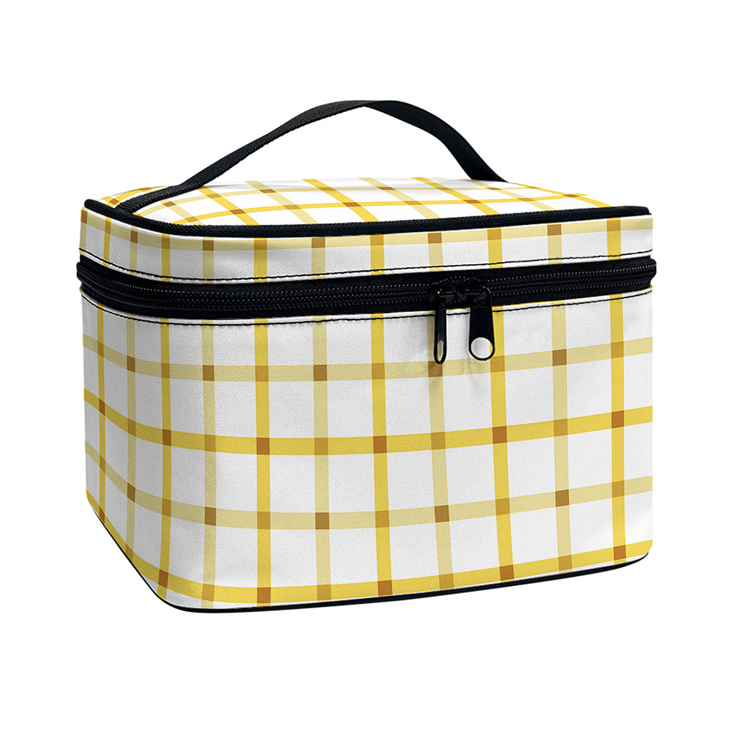 Yellow And Beige Tattersall Print Travel Makeup Bag