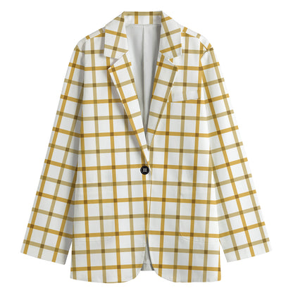 Yellow And Beige Tattersall Print Women's Cotton Blazer