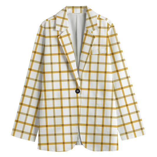 Yellow And Beige Tattersall Print Women's Cotton Blazer