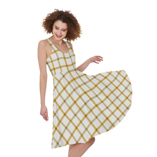 Yellow And Beige Tattersall Print Women's Sleeveless Dress