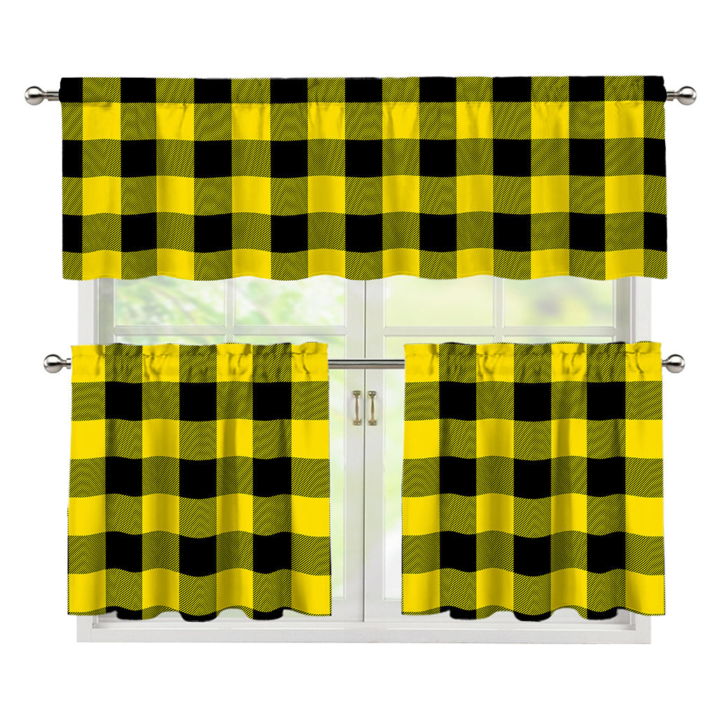 Yellow And Black Buffalo Check Print 3 Piece Kitchen Curtains