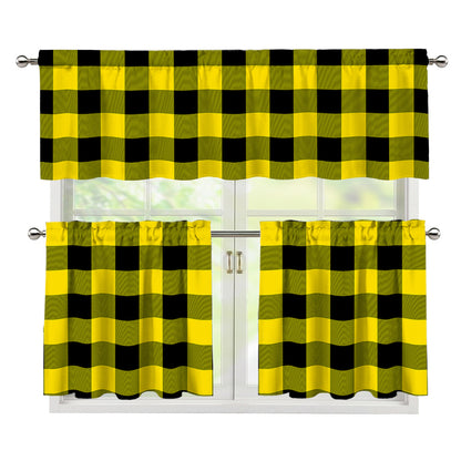Yellow And Black Buffalo Check Print 3 Piece Kitchen Curtains