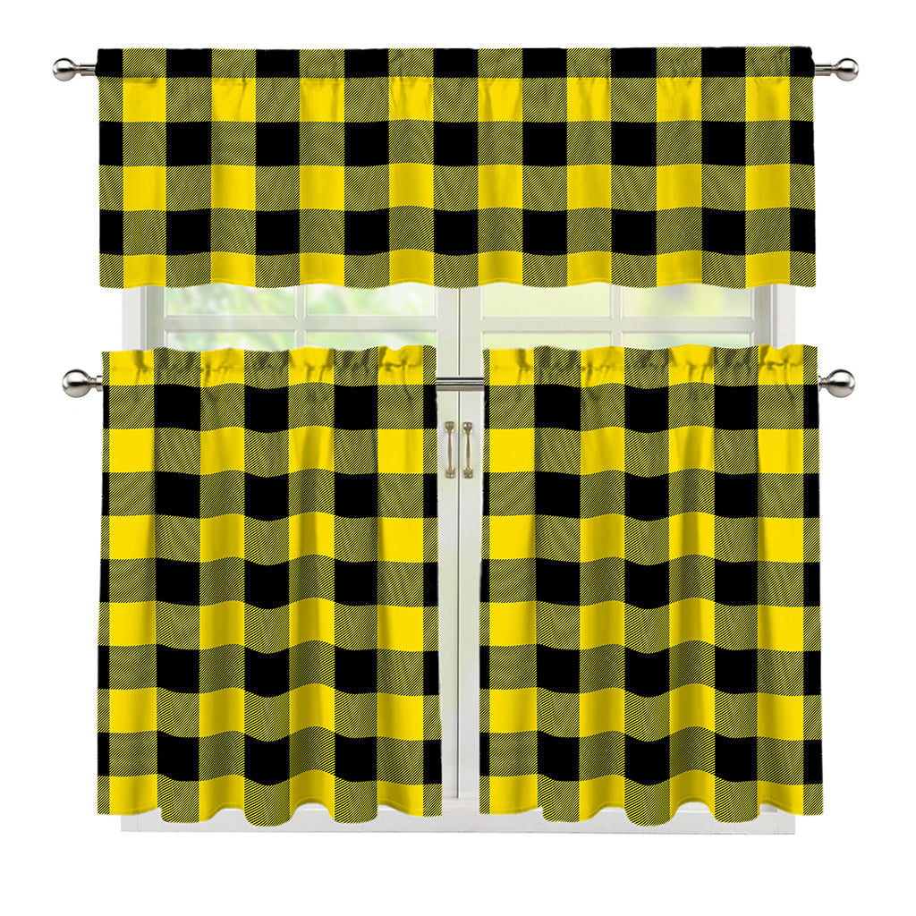 Yellow And Black Buffalo Check Print 3 Piece Kitchen Curtains