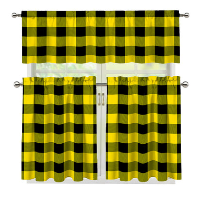 Yellow And Black Buffalo Check Print 3 Piece Kitchen Curtains
