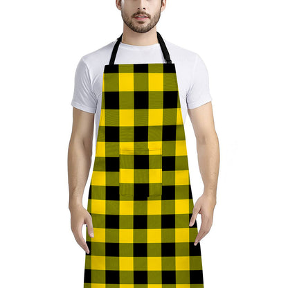 Yellow And Black Buffalo Check Print Bib Apron With Pocket