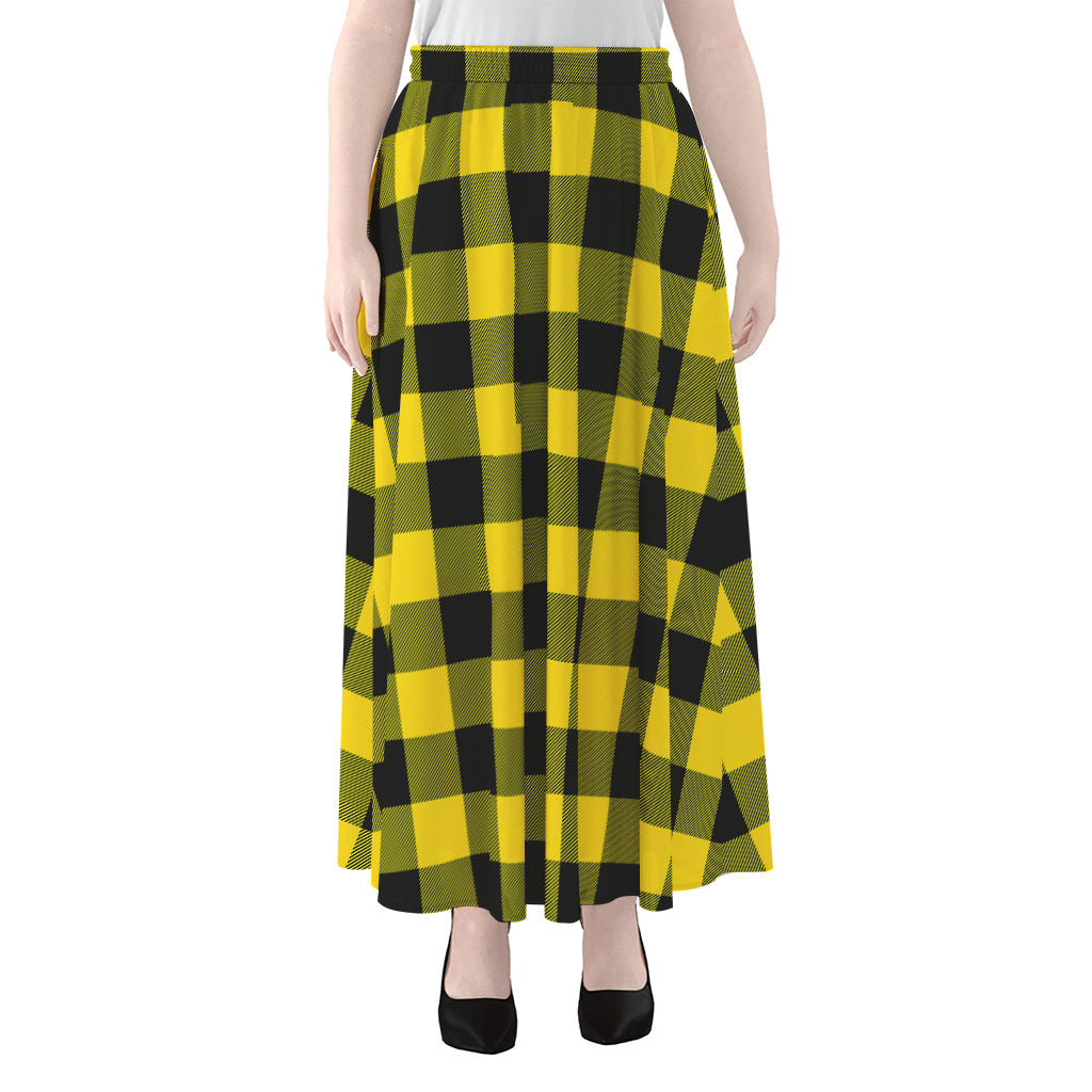 Yellow And Black Buffalo Check Print Chiffon Maxi Skirt