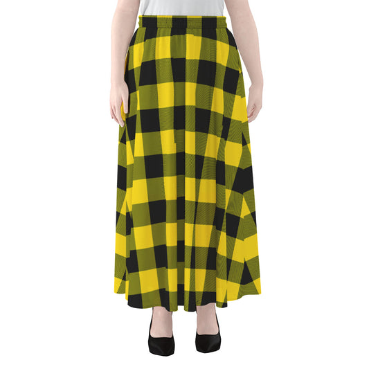 Yellow And Black Buffalo Check Print Chiffon Maxi Skirt