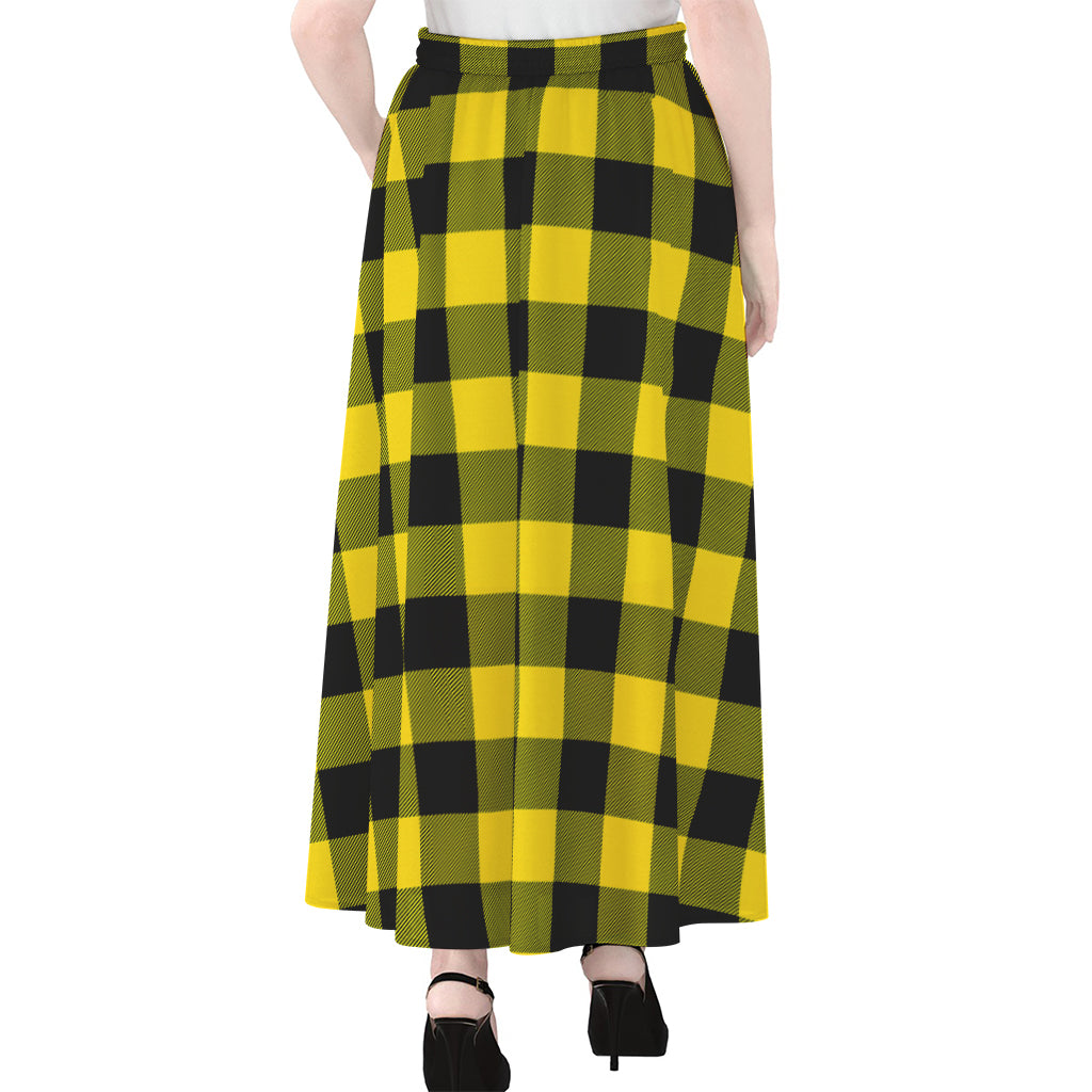 Yellow And Black Buffalo Check Print Chiffon Maxi Skirt