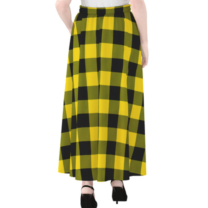 Yellow And Black Buffalo Check Print Chiffon Maxi Skirt
