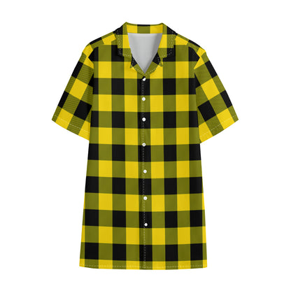 Yellow And Black Buffalo Check Print Cotton Hawaiian Shirt