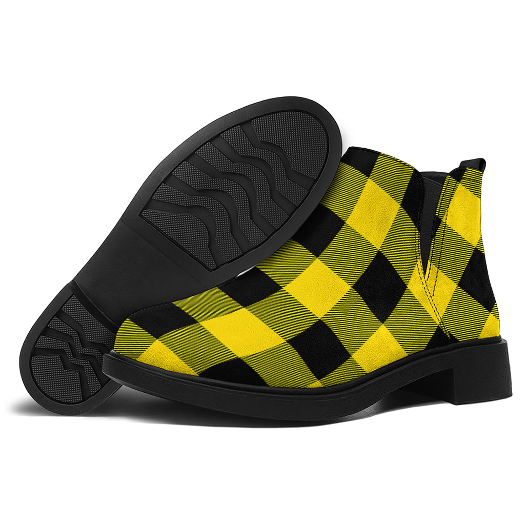 Yellow And Black Buffalo Check Print Flat Ankle Boots