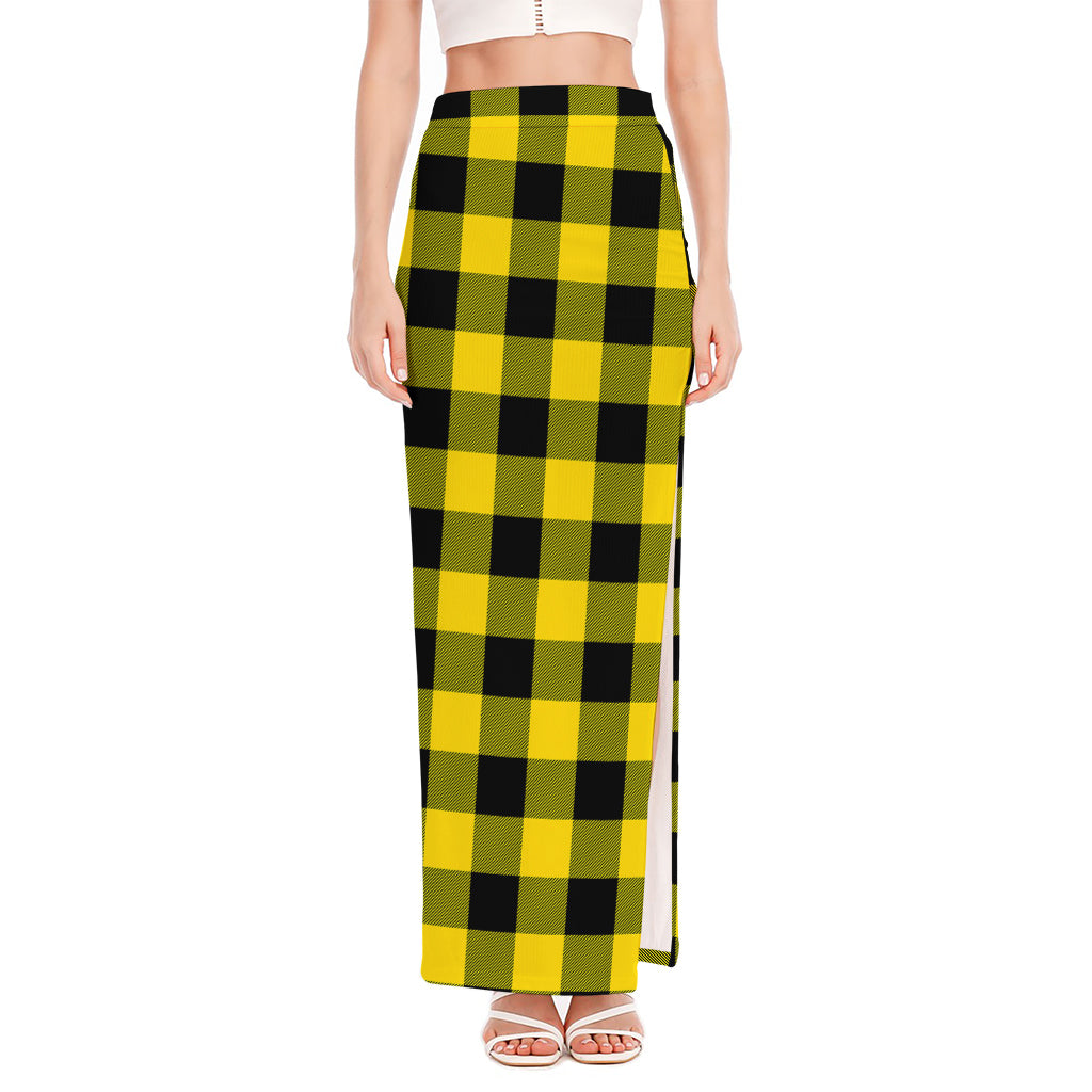Yellow And Black Buffalo Check Print High Slit Maxi Skirt
