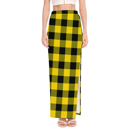 Yellow And Black Buffalo Check Print High Slit Maxi Skirt
