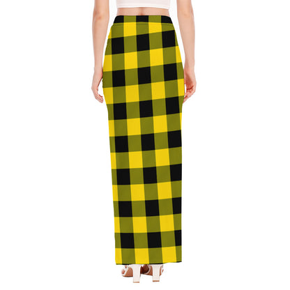 Yellow And Black Buffalo Check Print High Slit Maxi Skirt