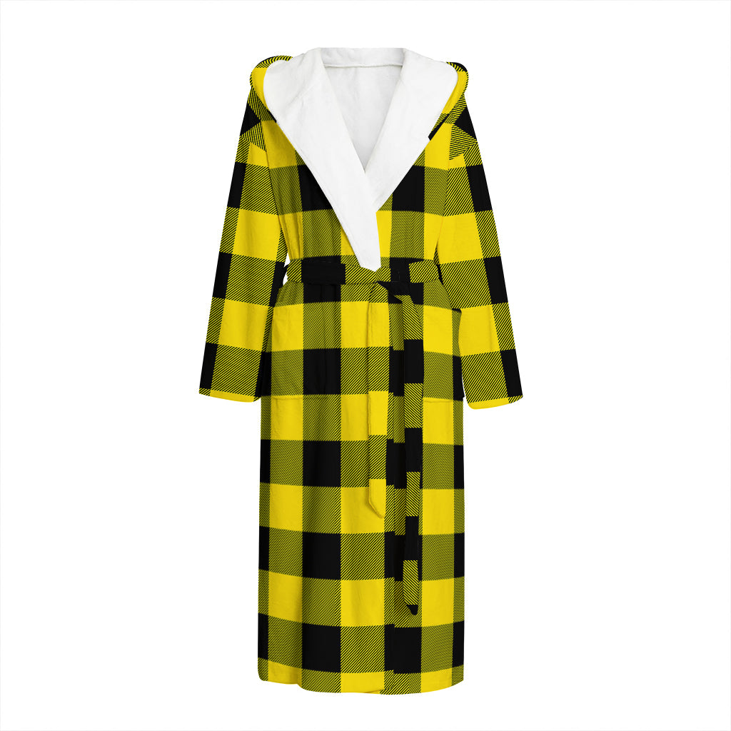 Yellow And Black Buffalo Check Print Hooded Bathrobe