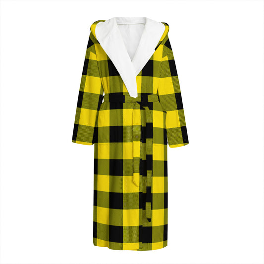Yellow And Black Buffalo Check Print Hooded Bathrobe