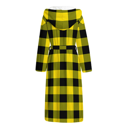 Yellow And Black Buffalo Check Print Hooded Bathrobe