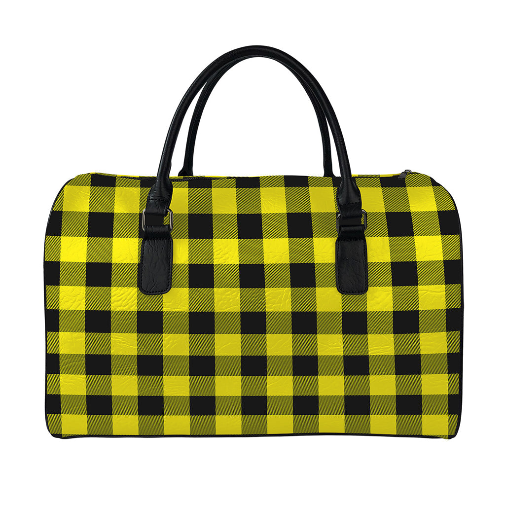 Yellow And Black Buffalo Check Print Leather Duffle Bag