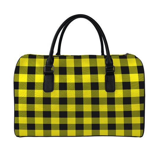 Yellow And Black Buffalo Check Print Leather Duffle Bag