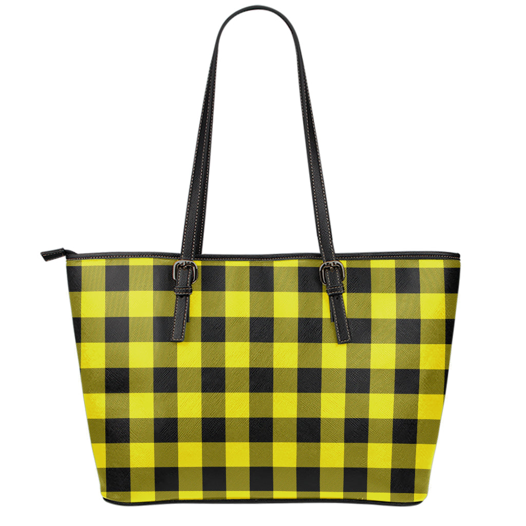 Yellow And Black Buffalo Check Print Leather Tote Bag