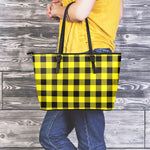 Yellow And Black Buffalo Check Print Leather Tote Bag