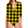 Yellow And Black Buffalo Check Print Long Sleeve Swimsuit