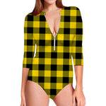 Yellow And Black Buffalo Check Print Long Sleeve Swimsuit
