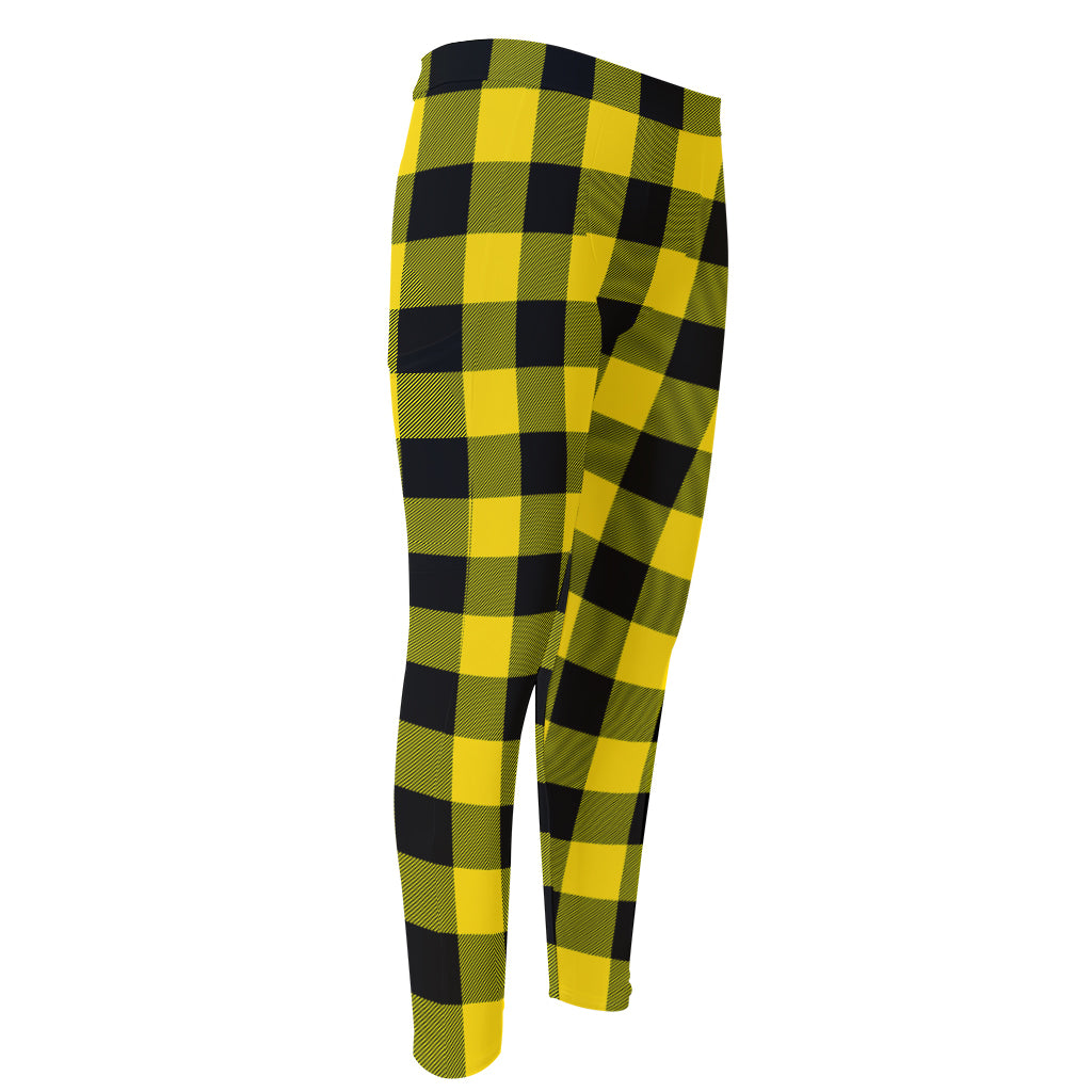 Yellow And Black Buffalo Check Print Men's Compression Pants