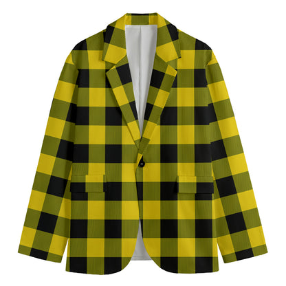 Yellow And Black Buffalo Check Print Men's Cotton Blazer