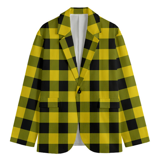 Yellow And Black Buffalo Check Print Men's Cotton Blazer
