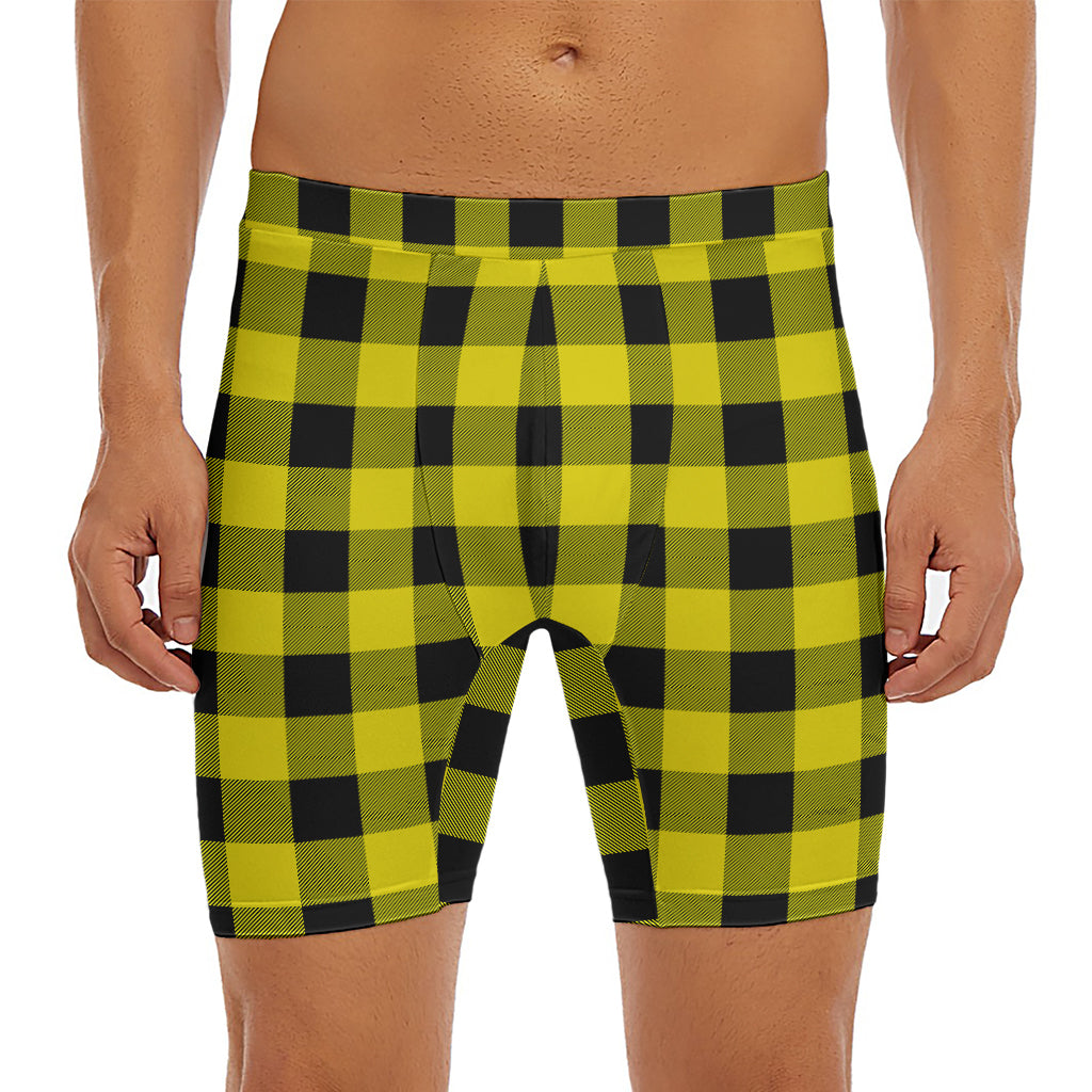 Yellow And Black Buffalo Check Print Men's Long Boxer Briefs