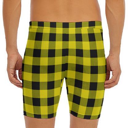 Yellow And Black Buffalo Check Print Men's Long Boxer Briefs