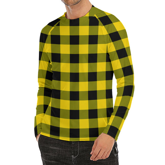 Yellow And Black Buffalo Check Print Men's Long Sleeve Rash Guard