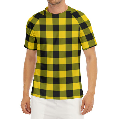 Yellow And Black Buffalo Check Print Men's Short Sleeve Rash Guard