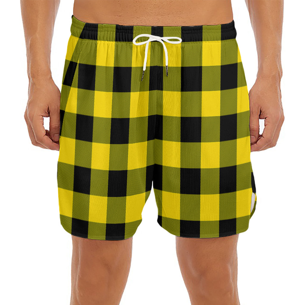 Yellow And Black Buffalo Check Print Men's Split Running Shorts