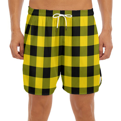 Yellow And Black Buffalo Check Print Men's Split Running Shorts