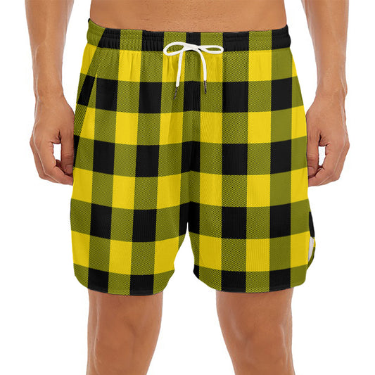 Yellow And Black Buffalo Check Print Men's Split Running Shorts