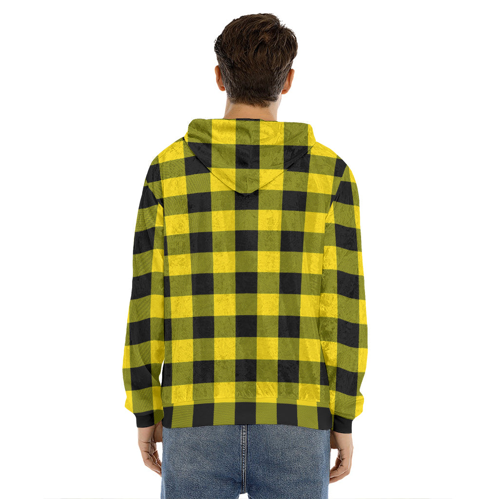 Yellow And Black Buffalo Check Print Men's Velvet Pullover Hoodie