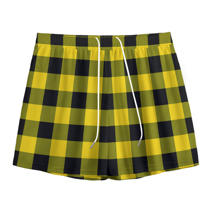 Yellow And Black Buffalo Check Print Mesh Shorts
