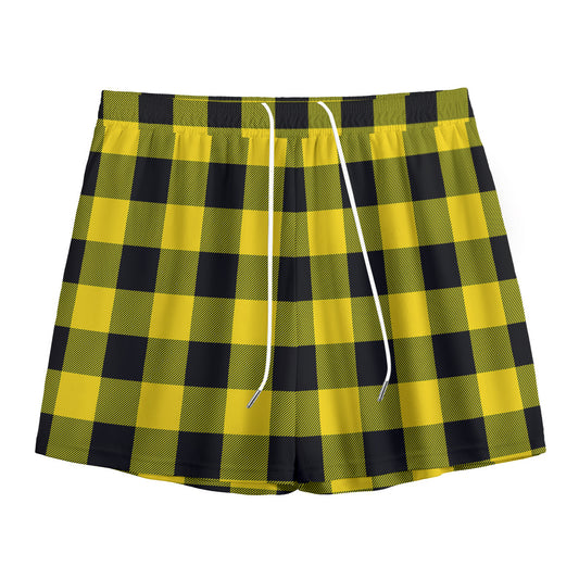 Yellow And Black Buffalo Check Print Mesh Shorts