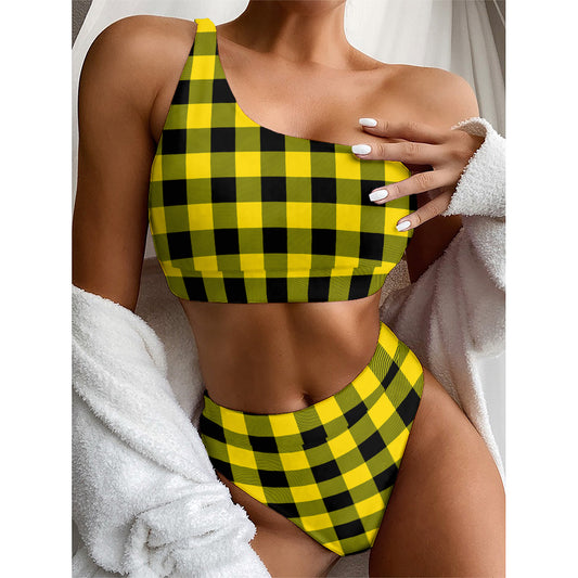 Yellow And Black Buffalo Check Print One Shoulder Bikini Top