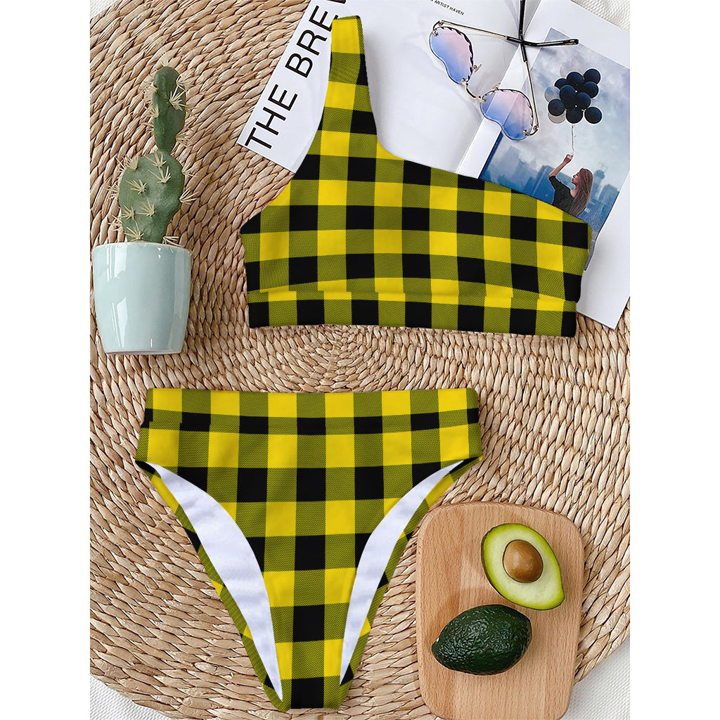 Yellow And Black Buffalo Check Print One Shoulder Bikini Top