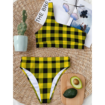 Yellow And Black Buffalo Check Print One Shoulder Bikini Top