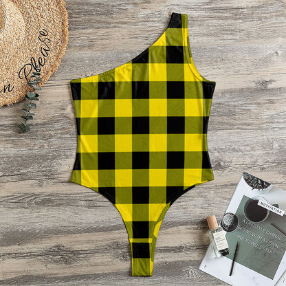 Yellow And Black Buffalo Check Print One Shoulder Bodysuit