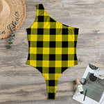 Yellow And Black Buffalo Check Print One Shoulder Bodysuit
