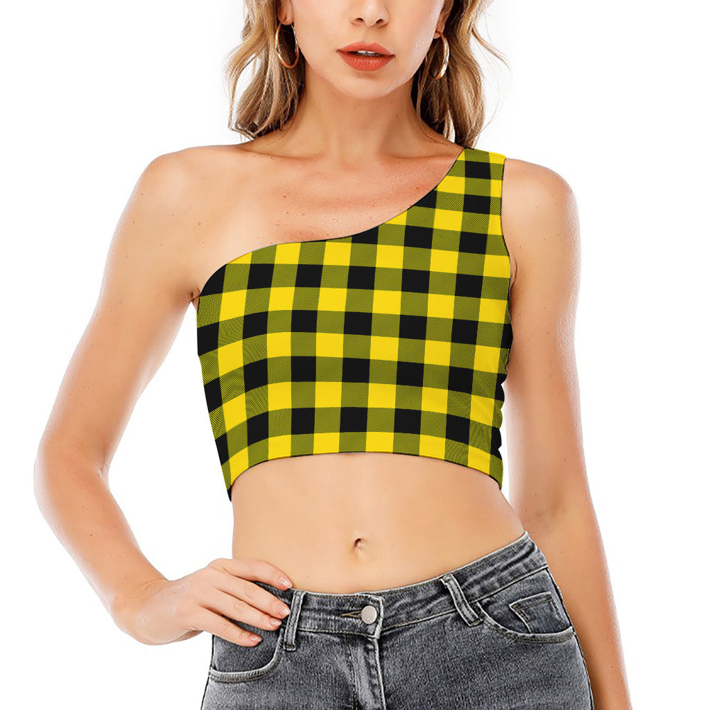 Yellow And Black Buffalo Check Print One Shoulder Crop Top
