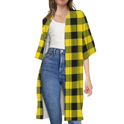 Yellow And Black Buffalo Check Print Open Front Beach Cover Up